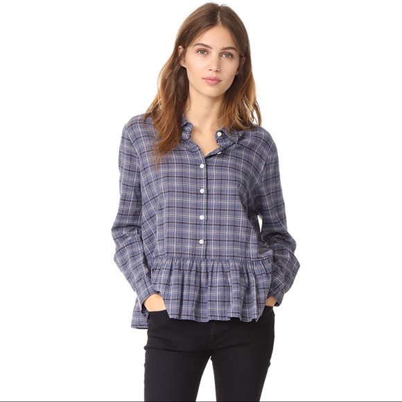 THE GREAT. The Ruffle Oxford Shirt - Library Plaid - Picture 11 of 15